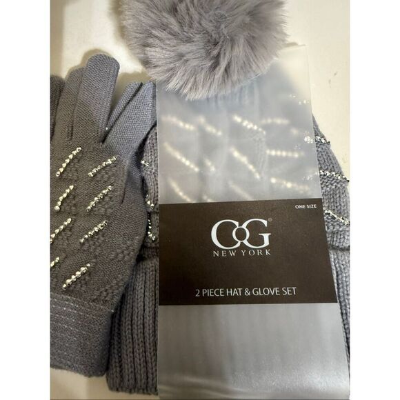 C G New York Women's Rhinestone Embellished 2Piece Hat & Glove Set Gray OS NWT - Picture 5 of 6
